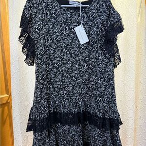 Trish Scully NWT SZ 6 waist drop Black Floral Medi Dress W/tie Spring, Weddings.